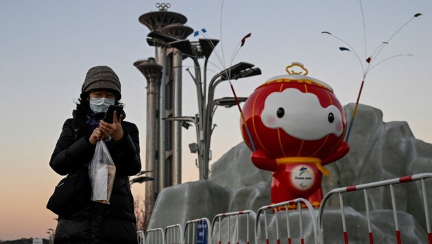 Eine Frau checkt ihr Smartphone neben Shuey Rhon Rhon, dem Maskottchen der Olympischen Winterspiele 2022 in Peking. (Bild: APA/AFP/JADE GAO)
