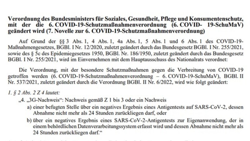 Ausschnitt aus der Novelle: Wohnzimmer- und Antigentests sind wieder als 3G-Nachweis erlaubt. (Bild: zVg)