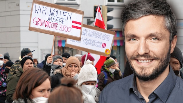 Der Grazer Gemeinderat Christian Kozina von den Grünen ist gegen die Impfpflicht. (Bild: Stadt Graz/Fischer, Sepp Pail, Krone KREATIV)