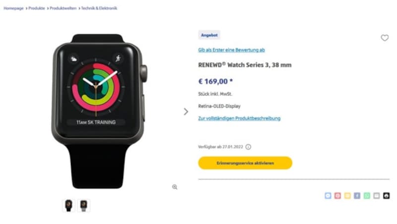 Eine Apple Watch um 170 Euro gibt es Ende Jänner bei Aldi Süd in Deutschland. (Bild: Screenshot, aldi-sued.de)