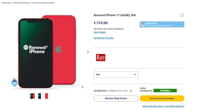 In seinem Online-Shop bietet Hofer beispielsweise ein Renewd iPhone 11 an. Auch in den Filialen des Diskonters werden immer wieder iPhones verkauft. (Bild: Screenshot, hofer.at)