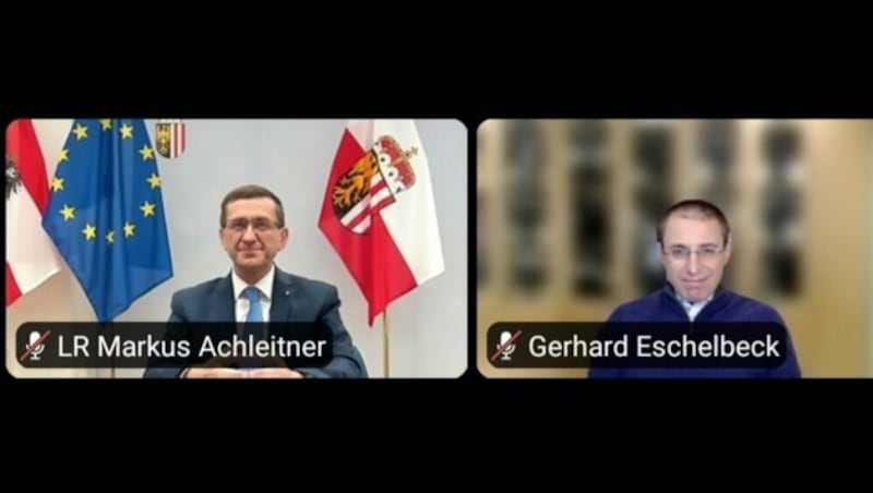 Forschungs-Landesrat Markus Achleitner und Konzeptgruppenleiter Gerhard Eschelbeck, Letzterer aus dem Silicon Valley zugeschaltet, bei der Präsentation der TU (Bild: Screenshot)