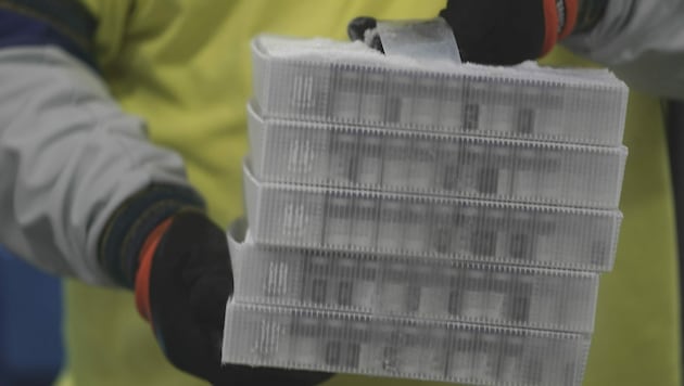 Die heiße und zugleich kalte Ware muss mittlerweile nicht mehr bei -90 bis -60 °C gelagert werden - mittlerweile darf der Impfstoff für eine Woche bei Kühlschranktemperaturen aufbewahrt werden. (Bild: AFP/Morry Gash)