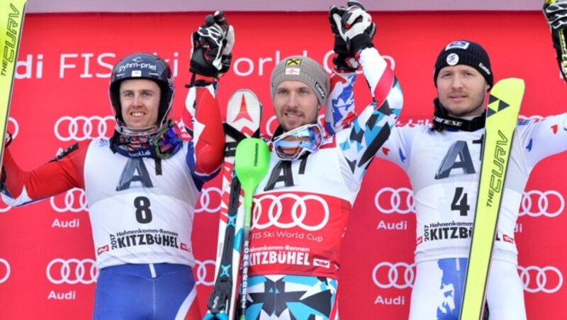 Kitzbühel 2017: Dave Ryding (GBR/2. Platz), Marcel Hirscher (AUT/1. Platz) und Alexander Khoroshilov (RUS/3. Platz) (Bild: APA/HERBERT NEUBAUER)