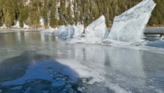 In der Ostbucht des Weißensees bilden sich durch Temperaturschwankungen kleine Eisberge. Der Bereich, aus dem die Schollen ragen, ist wegen der hohen Einbruchgefahr abgesperrt. (Bild: Norbert Jank)