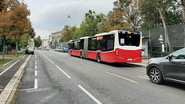 Gymnasiumstraße: Hinter dem Bus in der Haltestelle heißt es für Autos stehen bleiben. (Bild: ÖAMTC)