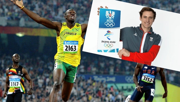 In Peking holte Usain Bolt (großes Bild) bei den Sommerspielen 2008 zweimal Olympia-Gold. Die fabelhaften Weltrekorde des Jamaikaners über 100 und 200 Meter haben noch heute Gültigkeit. Auf die Olympia-Skirennen mit Matthias Mayer (kleines Bild) & Co. freut sich Usain Bolt ganz besonders. (Bild: AP, GEPA)