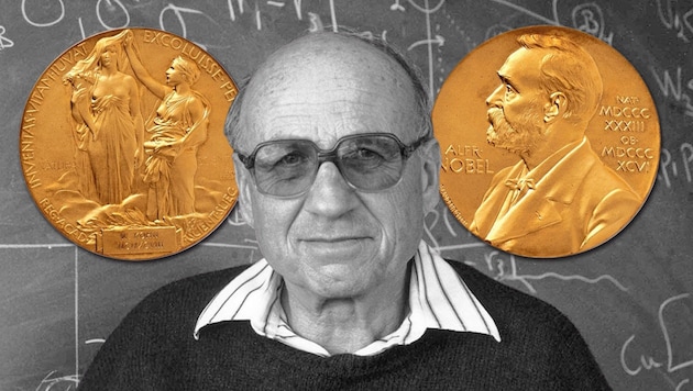 Walter Kohn und seine goldene Nobelpreis-Medaille (Vor- und Rückansicht) (Bild: Krone KREATIV, Gamma/Liaison, Nate D. Sanders)