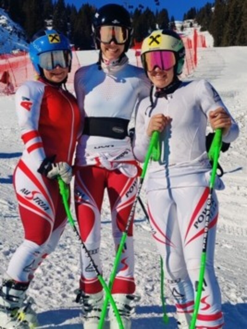 Für Amanda Salzgeber (l.), Magdalena Kappaurer (M.) und Magdalena Egger (r.) geht es am Dienstag und Mittwoch mit zwei Riesentorläufen in Serbien weiter (Bild: Peter Weihs/Kronenzeitung)