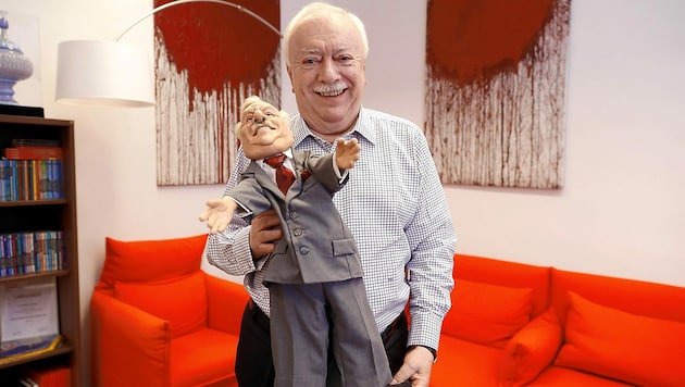 Michael Häupl mit seiner Häupl-Puppe: „Ein Geschenk des Rabenhof Theaters zu meinem 65er.“ (Bild: Reinhard Holl)