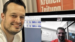 Lange als Eishackler aktiv und im Online geführten Podcast mit Patrick Jochum: Mathias Lange (rechts) (Bild: JOMO KG)