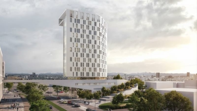 Gleich neben dem Posthof in der Industriezeile 40 ist ein Hotel im künftigen 16-geschossigen und 60 Meter hohen Hafenturm geplant. Heuer wollte man eigentlich zu bauen beginnen.
 (Bild: Pichler & Traupmann Architekten ZT GmbH)