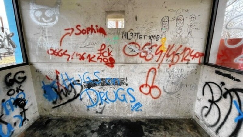 Das Wartehäuschen ist übersät mit Graffitis. Der aktuelle Schaden macht 6000 € aus. (Bild: Christian schulter)