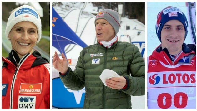 Österreichs Skisprunglegende Andreas Goldberger (M.) ist von Vorarlbergs Skispringerinnen und Skispringern, allen voran Eva Pinkelnig (li.) und Ulrich Wohlgenannt (re.) angetan (Bild: Maurice Shourot, Privat, Krone KREATIV)