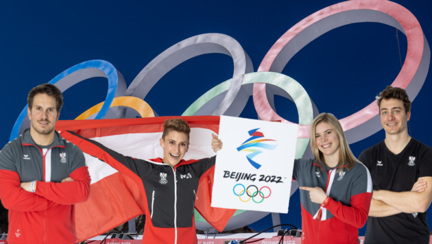 Rennrodler Thomas Steu, Skispringerin Eva Pinkelnig, Skifahrerin Katharina Liensberger und Snowboardcrosser Alessandro Hämmerle (v. li.) sind vier der heißesten Ländle-Aktien im Olympiamedaillenrennen. (Bild: ÖOC, APA/EXPA, Krone KREATIV)