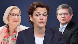 Nach ihrem „Gsindl“-Sager schießen sich SPÖ-Chefin Pamela Rendi-Wagner und ihr Bundesgeschäftsführer Christian Deutsch auf Niederösterreichs Landeshauptfrau Johanna Mikl-Leitner und die ÖVP ein. (Bild: APA, Krone KREATIV)