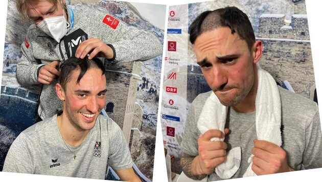 Franz-Josef Rehrl (li. mit Schere) rasiert seinen Kollegen Greiderer (Bild: Instagram.com/ski_austria_nordic_combined)