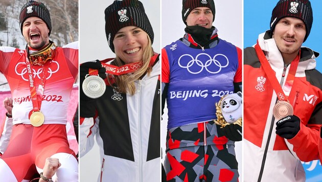 Johannes Strolz, Katharina Liensberger, Alessandro Hämmerle, Thomas Steu (von links) sorgten für einen Vorarlberger Medaillenregen in Peking. (Bild: APA, AFP, AP)