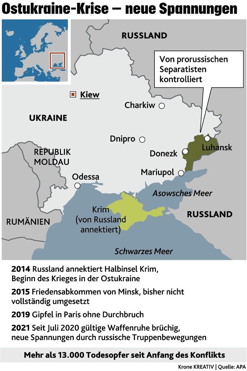 Die Ukraine ist ein großes Land: Das prorussische Separatistengebiet umfasst nur fünf Prozent des Staatsgebietes. (Bild: Krone KREATIV)