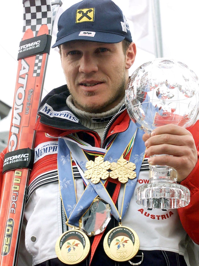 Hermann Maier mit seinen zwei Olympia-Goldenen von Nagano 1998 und seinen zwei WM-Medaillen von ...