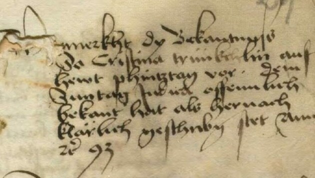 Urgicht zur Verurteilung der Wolfsberger Bürgerfrauen im Jahr 1493. (Bild: Container 25)