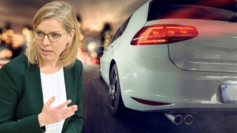 Mit saftigen Strafen will Ministerin Gewessler gegen Auto-Rowdys vorgehen. (Bild: Krone KREATIV,APA/ROLAND SCHLAGER; stock.adobe.com)