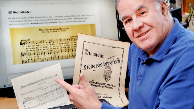 Walter Schwanzer hat in seinem privaten Notenarchiv in Rohrendorf bei Krems gleich mehrere „Vorfahren“ der heutigen blau-gelben Landeshymne entdeckt. (Bild: Crepaz Franz)