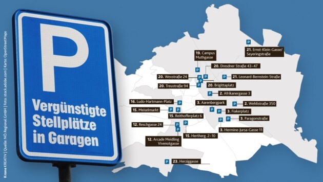 An 20 Standorten bietet das Land vergünstigte Stellplätze für NÖ-Pendler in Wien an. (Bild: Krone KREATIV | Quelle: NÖ.Regional.GmbH | Foto: stock.adobe.com | Karte: OpenStreetMaps)