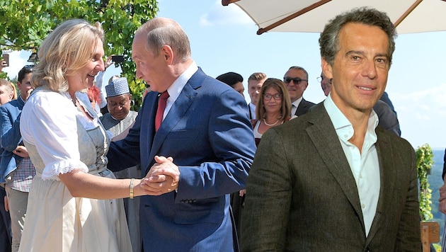 Ex-Ministerin Karin Kneissl (links) konnte sich bei ihrer Hochzeit 2018 über den Besuch von Wladimir Putin freuen. Christian Kern (rechts) behält seinen Russen-Job aus Liebe zur Bahn, wie es heißt. (Bild: APA, Krone KREATIV)