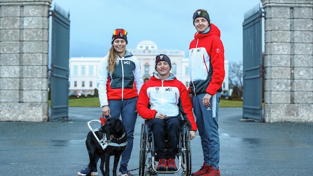 Edlinger (mit Hund Riley), Markus Gfatterhofer und Christoph Schneider sind Salzburgs Vertreter bei den Paralympics in Peking. (Bild: ANDREAS TROESTER)