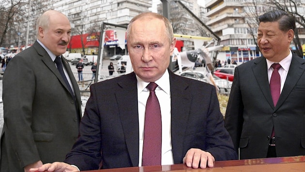 Der weißrussische Machthaber Alexander Lukaschenko (li.) und der chinesische Staatspräsident Xi Jinping (re.) werden Wladimir Putin in der Ukraine militärisch nicht unterstützen. (Bild: AP, AFP, Krone KREATIV)