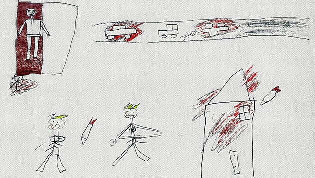 Böse Erlebnisse zu Papier gebracht: Das Bild eines syrischen Kindes im SOS-Kinderdorf, das zur Verarbeitung von Kriegstraumata im Rahmen einer Zeichentherapie entstanden ist (Bild: SOS-Kinderdorf)