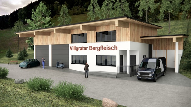 So sieht der erste Entwurf für den neuen Schlachthof samt Direktverkauf in Außervillgraten aus. (Bild: Villgrater Bergfleisch/Planimo)