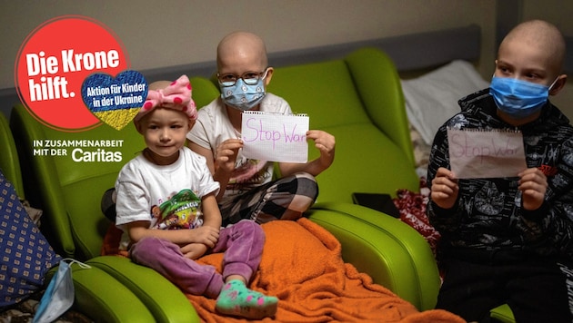 Krebskranke Kinder im Schutzbunker des Kiewer Spitals (Bild: AP, Krone KREATIV)