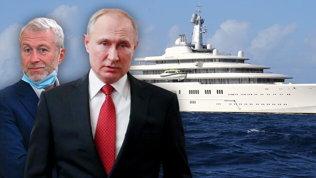 Auch Wladimir Putin und Roman Abramowitsch müssen um ihre Jachten bangen. (Bild: Alexander Astafyev / SPUTNIK / AFP, AFP, Viennareport, Krone KREATIV)