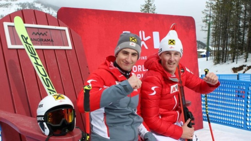 Der Niederösterreicher Raphael Riederer und der Salzburger Lukas Broschek in der Leaders Box bei der Junioren-WM-Abfahrt - die dann abgeborchen wurde. (Bild: Peter Weihs/Kronenzeitung)