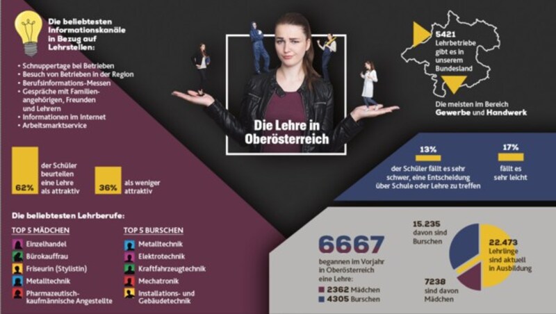 6667 Jugendliche begannen im Vorjahr in Oberösterreich eine Lehre. (Bild: Krone KREATIV, Stock.adobe.com, Quelle: Wirtschaftskammer Oberösterreich, Analyse von Market für die z.l.ö.)