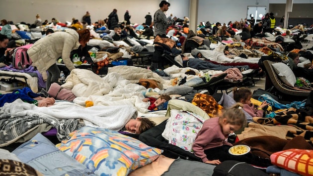 Eine Massenunterkunft für Flüchtlinge in einem Einkaufszentrum in der polnischen Grenzstadt Przemysl (Bild: APA/AFP/LOUISA GOULIAMAKI)