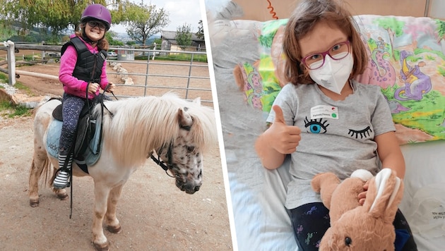 Die Achtjährige bei der Reittherapie und im Spital. (Bild: Krone KREATIV, Dobner)