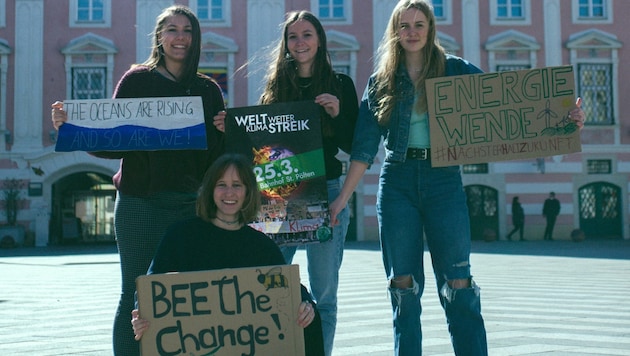 Klimaaktivistinnen wollen in NÖ mobilisieren: Alina Koller, Rebecca Amberger, Flora Peham und Frida Fliegenschnee. (Bild: FFF NÖ)