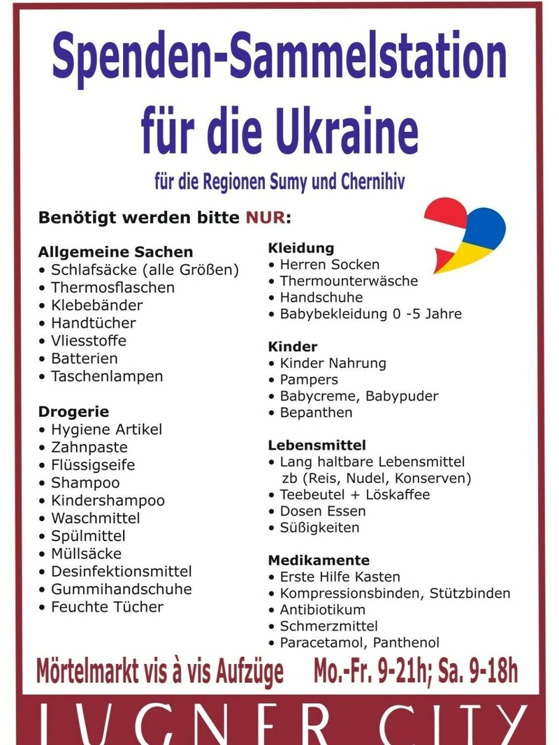 In der Lugner City werden folgende Hilfsgüter für die Ukraine gesammelt. (Bild: zVg)