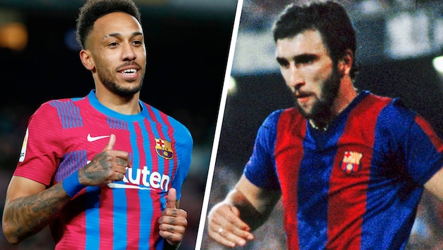 Pierre-Emerick Aubameyang (li.) und Hans Krankl (re.) im Trikot des FC Barcelona. (Bild: Peter Robinson / PA / APApicturedesk.com, AP Krone KREATIV)