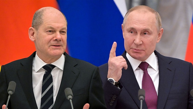 Olaf Scholz und Wladimir Putin (Bild: Krone KREATIV, AP)