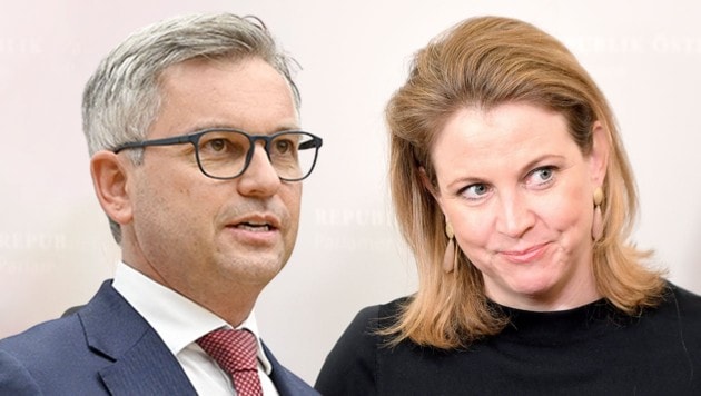 Magnus Brunner und NEOS-Chefin Beate Meinl-Reisinger: Der ÖVP-Finanzminister steht in der Kritik wegen korrigierter Budgetzahlen.  (Bild: APA/Hans Punz,Roland Schlager)