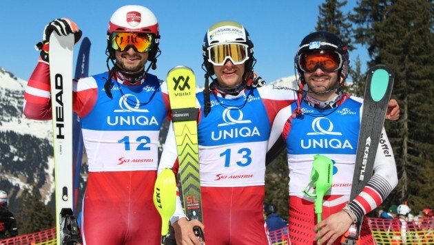 Das Siegertrio beim Slalom der österreichischen Meisterschaften (v. l.): Johannes Strolz (2.), Simon Rueland (1.), Christoph Meissl (3.). (Bild: Peter Weihs/Kronenzeitung)