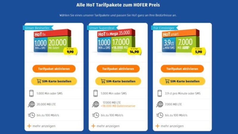 Tarifportfolio bei HoT, abgerufen am 22. März 2022 (Bild: Screenshot, hot.at)