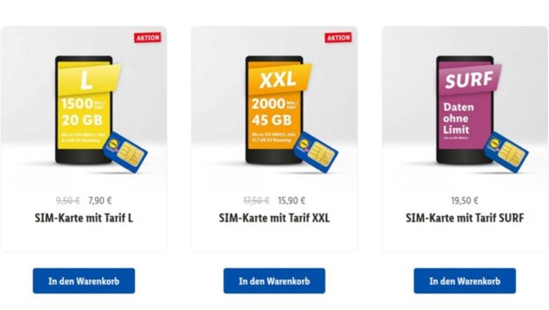 Tarifportfolio bei Lidl Connect, abgerufen am 22. März 2022 (Bild: Screenshot, lidl-connect.at)