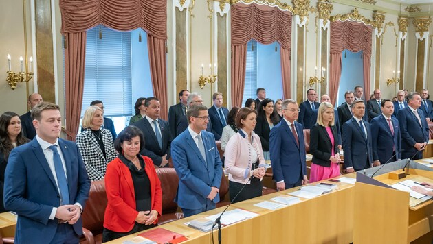 Stehend in der ersten Reihe die neun Mitglieder der OÖ Landesregierung. 5 ÖVP, 2 FPÖ, 1 SPÖ, 1 Grün (Bild: FOTOKERSCHI.AT / KERSCHBAUMMAYR)