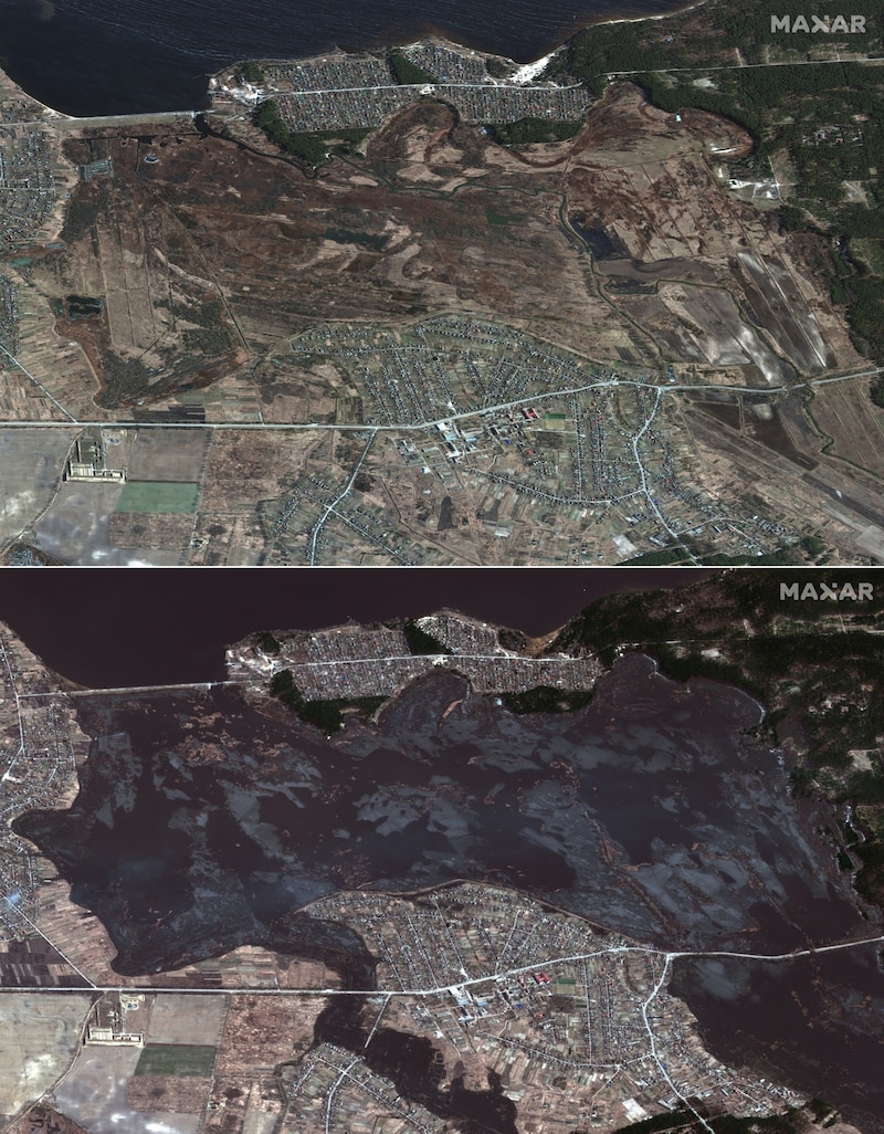 Diese Kombination von Satellitenbildern zeigt die Felder in Kosarowytschi am 28. Februar und 22. März (unten). Der Blick richtete sich auf die Mündung des Irpin in den Dnepr-Stausee. (Bild: AFP)