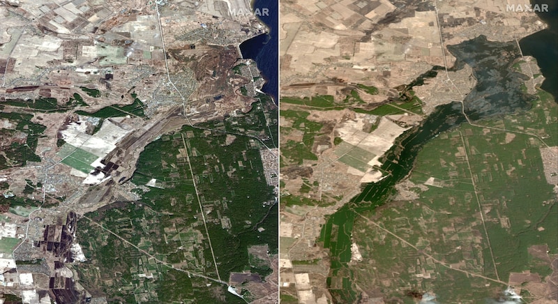 Die Felder in Kosarowytschi am 28. Februar (li.) und 22. März (Bild: AFP)